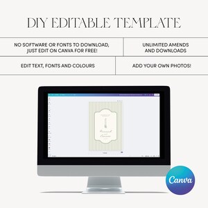May include: A computer monitor displays a DIY editable template with text: "DIY EDITABLE TEMPLATE". The screen shows a design with vertical stripes and text. The Canva logo is in the bottom right corner.