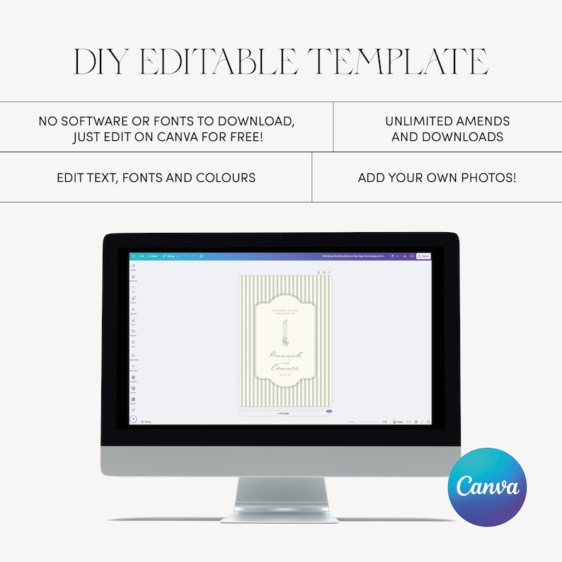 May include: A computer monitor displays a DIY editable template with text: "DIY EDITABLE TEMPLATE". The screen shows a design with vertical stripes and text. The Canva logo is in the bottom right corner.