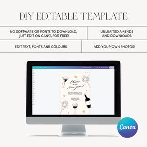 May include: A computer screen displaying a Canva template for a New Year's Eve party invitation. The template features a black and white illustration of a champagne flute, a wine bottle, and fireworks. The text "Cheers to the New Year!" is written in a handwritten font.
