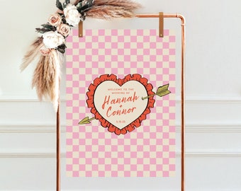 Editable Retro Wedding Welcome Sign Hand Drawn, Welcome Easel Template, Checkerboard Quirky Fun Wedding Sign Party Rehearsal Dinner 003