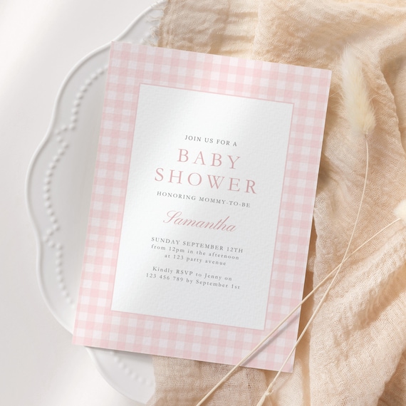 Pink Gingham Baby Shower Invitation Editable, Gingham Invite for Party, Baby Girls Baby Shower, Gingham Design, Cottage-core Canva Template