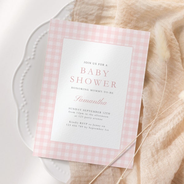 Pink Gingham Baby Shower Invitation Editable, Gingham Invite for Party, Baby Girls Baby Shower, Gingham Design, Cottage-core Canva Template