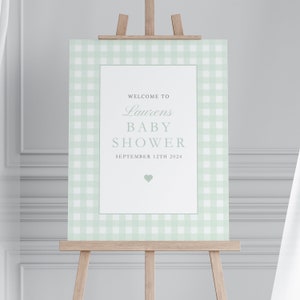 Sage Green Gingham-Babyparty-Willkommensschild, Gingham-Partyschild, bearbeitbare Babyparty-Staffelei, Canva Custom Party Sign-Vorlage Party Decor