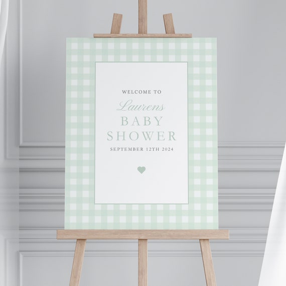 Sage Green Gingham Baby Shower Welcome Sign, Editable Easel, Party Decor (Canva template)