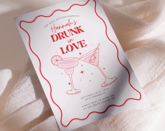 Drunk in Love Bachelorette Party Invite, Margarita and Martini Cocktail Invite, Groovy Pink Wavy Hens Party Invite, Editable Canva Template