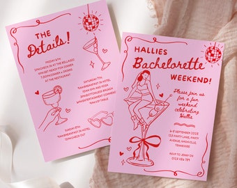 Martini Bachelorette Weekend Itinerary Template, Hand-Drawn Printable Invite (Editable in Canva)