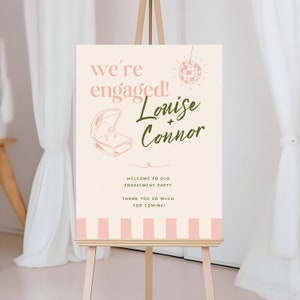 Geïllustreerde bruiloft welkomstbordsjabloon, we zijn verloofd handgetekende bruiloft, handgeschreven bewerkbare unieke bruiloft decor Canva-sjabloon