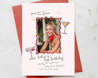 Invitación fotográfica para fiesta de cumpleaños, invitación de cóctel dibujada a mano, 21, 30, 40, 50 años (plantilla imprimible de Canva)