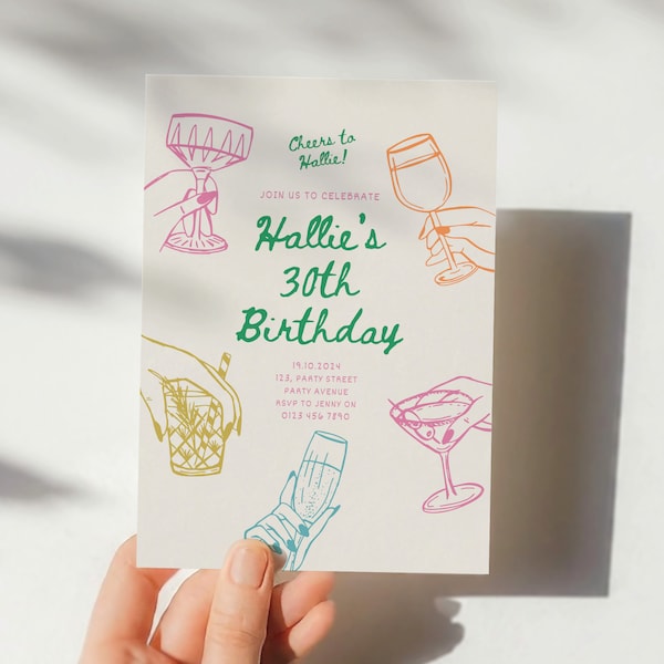 Editable Birthday Party Invitation, Hand Drawn Scribble Cocktail Invitation, 30th, 40th, 50th, Birthday Invite, Printable Canva Template