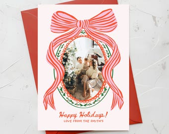 Christmas Photo Card Template, Holiday photo Card Template, Bow Photo Christmas Card Editable Greetings  Personalised Family Christmas Card