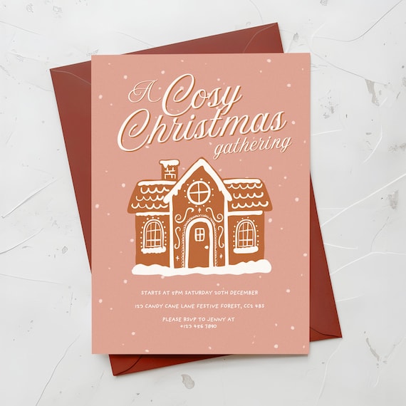 Gingerbread House Christmas Party Invite, Whimsical Friendsmas (Canva Digital Template)