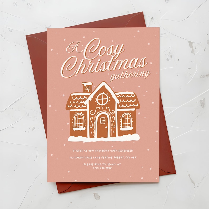 May include: A pink Christmas gathering invitation card with a gingerbread house illustration and the text "A Cosy Christmas gathering". The card includes event details: date, time, and RSVP information. The invitation is placed on a red envelope.