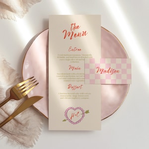 Menu a scacchiera e modello di segnaposto illustrato a mano, menu di nozze alternativo retrò, design del menu per biglietti da visita divertenti e stravaganti 003