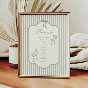 Modèle de carte de cocktails, menu de bar à menus de boissons de mariage modifiable, signe de menu dessiné main vintage vert sauge, carte de boissons modèle 014