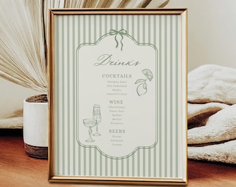 Green Stripe Menu and Place Card Template, Vintage Elegant Classic Menu, Editable Table Name Cards Menu Design Wedding Canva Template