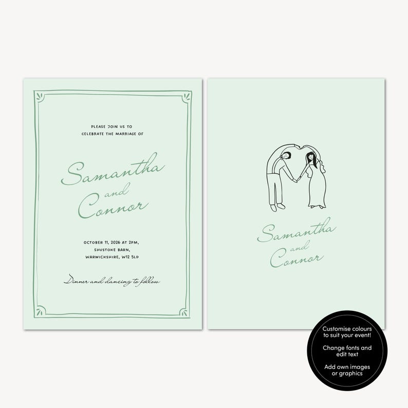 Puede incluir: Una invitaci&oacute;n de boda con un borde verde y un dibujo simple de una pareja tom&aacute;ndose de la mano. El texto dice "Por favor, &uacute;nase a nosotros para celebrar el matrimonio de Samantha y Connor" e incluye la fecha, la hora y el lugar de la boda. La invitaci&oacute;n tambi&eacute;n incluye el texto "Cena y baile a continuaci&oacute;n".