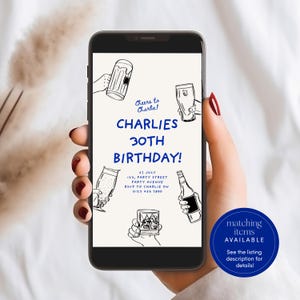 May include: A digital invitation for a 30th birthday party with a blue and white color scheme. The invitation features a variety of drinks, including beer, wine, and whiskey. The text on the invitation reads "Cheers to Charlie! Charlie's 30th Birthday! 27 July 123, Party Street Party Avenue RSVP to Charlie on 0123 456 7890 Matching items available See the listing description for details!"