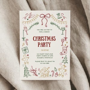 May include: A Christmas party invitation with a festive design featuring a gingerbread man, a candy cane, a stocking, a Christmas tree, and a house. The text reads "You are invited to Tom & Sarahs Christmas Party 12.27.25 123 Candy Cane Lane Party starts at 5pm Dinner & Cocktails! Please RSVP to Jenny on 123 456 7890".