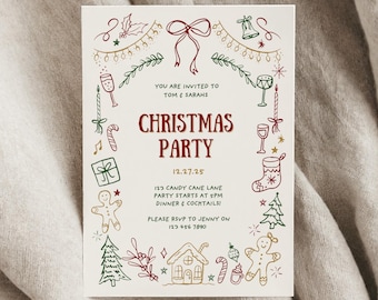 Christmas Party Invitation Template Whimsical Hand Drawn Holiday Illustrations Work Party Invites Illustrated Christmas Dinner Invites