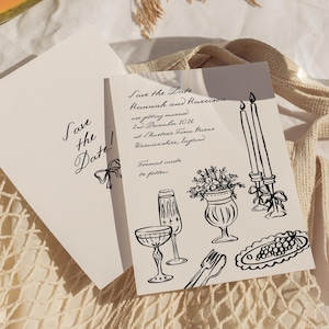 Plantilla de invitación para guardar la fecha dibujada a mano, boda manuscrita, editable, caprichosa, para guardar la fecha, ilustración vintage, digital, Canva 013