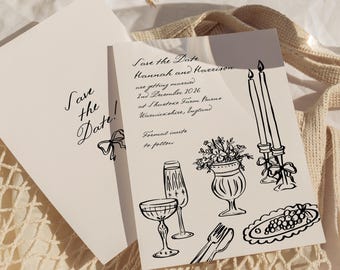 Handgezeichnete Save the Date Einladung Vorlage Handgeschriebene Hochzeit, bearbeitbare Skurrile Save the Date Vintage illustrierte Digital Canvas 013