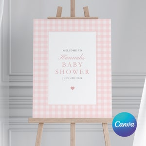 Może przedstawiać: R&oacute;żowo-biały szyld powitalny na baby shower z napisem "Witamy na baby shower Hannah 4 lipca 2024".