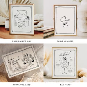 Puede incluir: Cuatro carteles de boda imprimibles con ilustraciones en blanco y negro. Los carteles incluyen un cartel de "Tarjetas y Regalos", un cartel de "Gracias" con un coche, un cartel de "N&uacute;meros de Mesa" y un cartel de men&uacute; de bar de "&iexcl;Bebamos!".