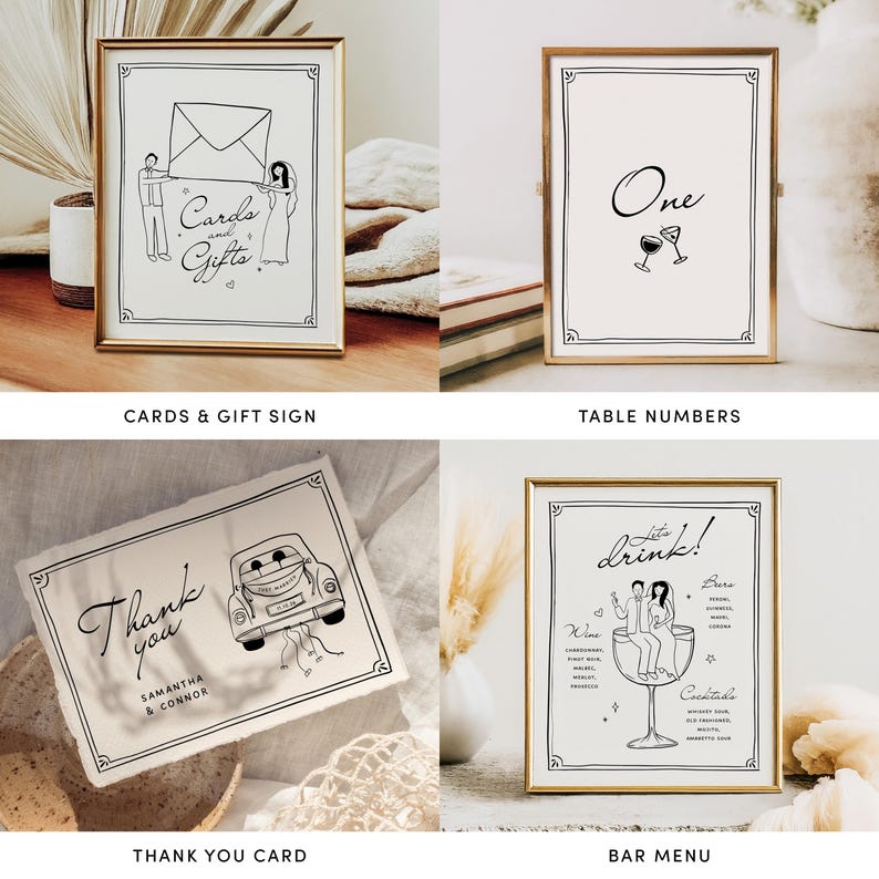 Puede incluir: Cuatro carteles de boda imprimibles con ilustraciones en blanco y negro. Los carteles incluyen un cartel de "Tarjetas y Regalos", un cartel de "Gracias" con un coche, un cartel de "N&uacute;meros de Mesa" y un cartel de men&uacute; de bar de "&iexcl;Bebamos!".