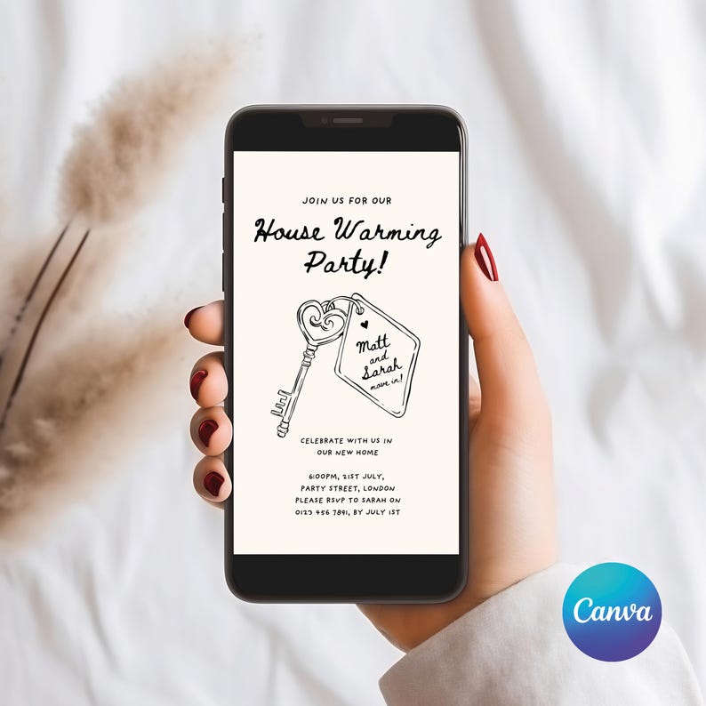 May include: A smartphone displaying a housewarming party invitation with a black and white illustration of a key and a tag that says "Matt and Sarah move in!" The invitation includes the date, time, address, and RSVP information.