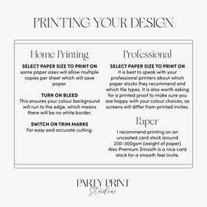 May include: A guide for printing your design at home or professionally. It includes tips on selecting paper size, turning on bleed, and using trim marks. It also recommends using uncoated card stock around 250-300gsm for professional printing.