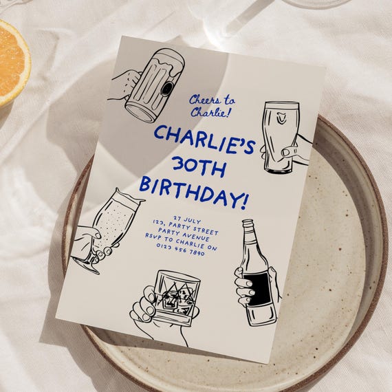 Editable Birthday Party Invite for Him, Male Birthday Hand Drawn Beer Invitation, Mans Beer Birthday 21st 30th 40th, 50th Printable Template