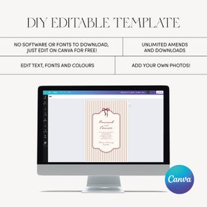 Pu&ograve; includere: Un monitor di computer mostra un modello modificabile fai-da-te con il testo "DIY EDITABLE TEMPLATE". Il modello presenta un design a righe verticali e una cornice decorativa. Il logo Canva &egrave; visibile in basso a destra.