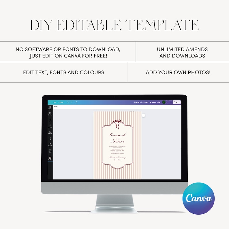Pu&ograve; includere: Un monitor di computer mostra un modello modificabile fai-da-te con il testo "DIY EDITABLE TEMPLATE". Il modello presenta un design a righe verticali e una cornice decorativa. Il logo Canva &egrave; visibile in basso a destra.