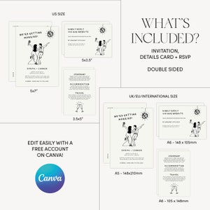 May include: A printable wedding invitation template with a disco ball design. The invitation includes the text "We're getting married!" and the couple's names. The template is available in two sizes: 5x7 inches and A5 (148x210mm).