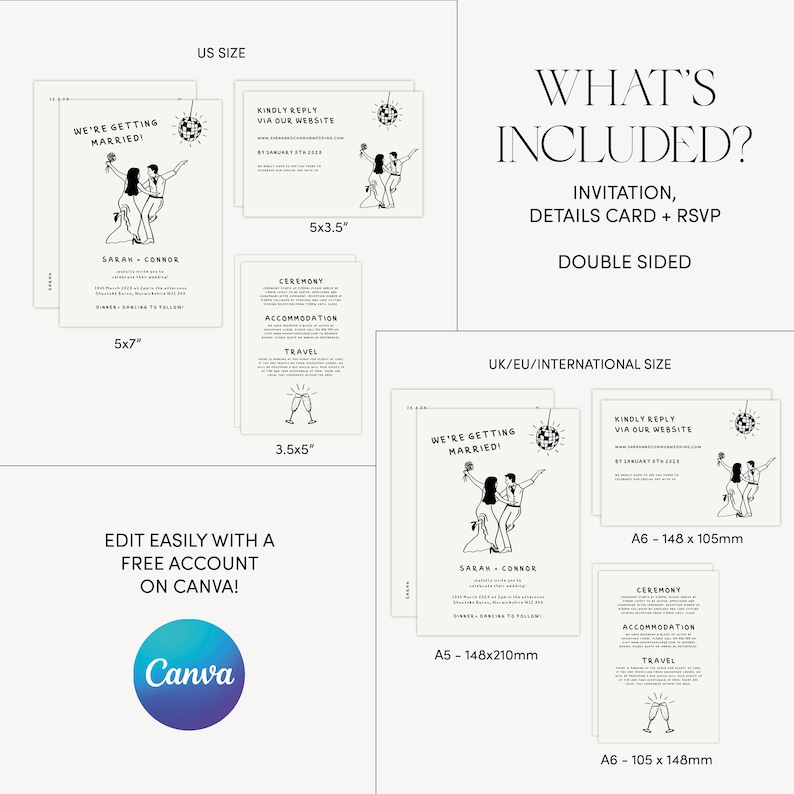 May include: A printable wedding invitation template with a disco ball design. The invitation includes the text "We're getting married!" and the couple's names. The template is available in two sizes: 5x7 inches and A5 (148x210mm).