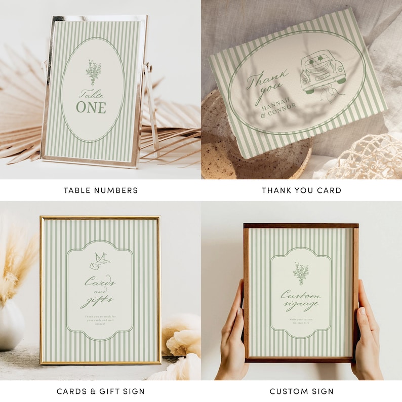 May include: A collection of wedding stationery with a vintage aesthetic. Includes table numbers, a thank you card, a card and gift sign, and a custom sign. Each piece features a striped background with an oval design and floral accents. The color palette is soft green and cream.