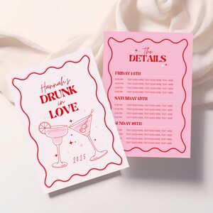 Itinerário de despedida de solteira bêbados de amor, itinerário de fim de semana de Bach, coquetel de margarita e martini, festa de despedida de solteira rosa e ondulada, modelo editável
