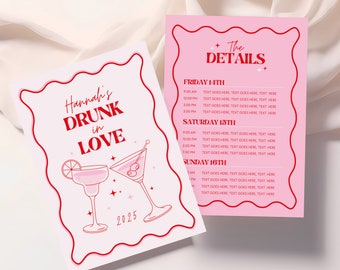 Drunk in Love Bachelorette Itinerary, Bach Weekend Itinerary, Margarita and Martini Cocktail, Groovy Pink Wavy Hens Party, Editable Template