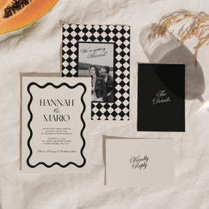 Elegant Wedding Template Suite with Photo, Old Money Editable Retro Unique Invite Design, Black and White Checkerboard Digital Download 010