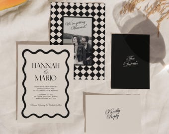 Elegante plantilla de boda con foto, diseño de invitación único, retro, editable, con dinero antiguo, tablero de ajedrez en blanco y negro, descarga digital 010