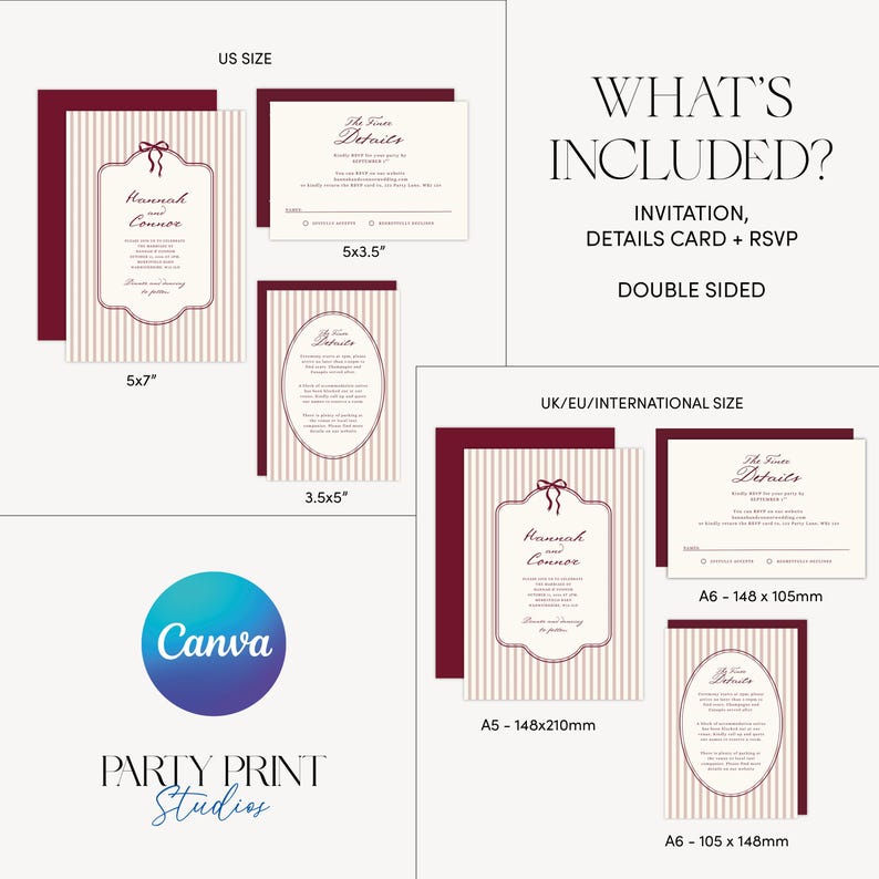Pu&ograve; includere: Una collezione di partecipazioni di nozze, tra cui inviti e biglietti di dettaglio, nei formati USA e UK/EU. I disegni presentano uno sfondo a righe verticali con un bordo bordeaux ed elementi decorativi. Il testo include "Hannah & Connor".