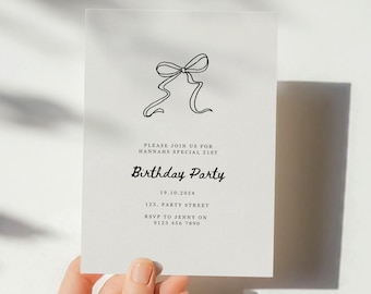 Editable Classy Birthday Party Invitation, Hand Drawn Ribbon Bow Invitation, Ballet core, Coquette Invitation, Minimal Canva Template