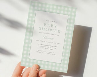 Zaproszenie na Baby Shower w kolorze szałwii w kratkę gingham, edytowalne, zaproszenie na przyjęcie w kratkę gingham, zaproszenie na przyjęcie dla dziewczynki, szablon Cottage-core Canva