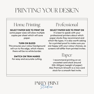 Op de afbeelding: Een gids voor het afdrukken van uw ontwerp thuis of professioneel. Het bevat tips voor het selecteren van de papiergrootte, het inschakelen van bleed en het gebruik van trimtekens. Het raadt ook aan om ongecoat kaartpapier rond 250-300gsm te gebruiken voor professioneel afdrukken.