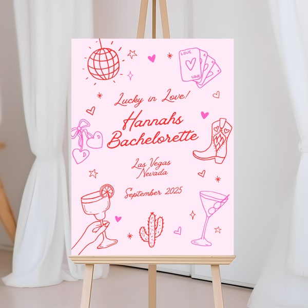 Editable Las Vegas Bachelorette Welcome Sign, Las Vegas Weekend Sign Decor, Lucky in Love, Hand Drawn Party Sign, Canva Printable Template