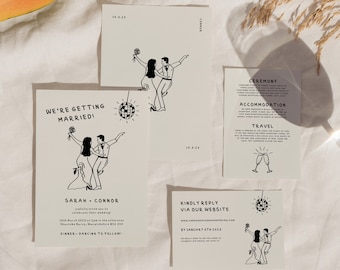 May include: A wedding invitation suite featuring a black and white illustration of a couple dancing. The invitation includes the couple's names, the wedding date, and the venue. The RSVP card provides a website address and an RSVP deadline.