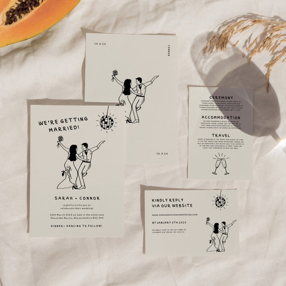 Illustrated Fun Wedding Suite Template Hand Drawn Editable Dancing Couple Handwritten Invite, RSVP Printable Unique Wedding Invites 005