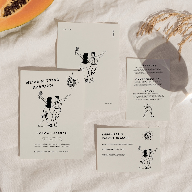 May include: A wedding invitation suite with a black and white illustration of a couple dancing. The invitation includes the couple's names, the date of the wedding, and the location. The RSVP card includes a website address and a deadline for RSVP.