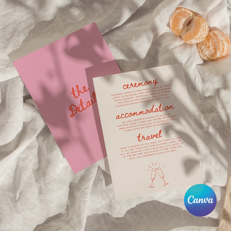 May include: A wedding invitation with a pink envelope and a white card with red text. The card includes details about the ceremony, accommodation, and travel. The text reads "ceremony", "accommodation", and "travel".