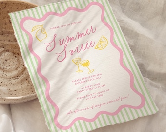 May include: A rectangular invitation card with a light green and white vertical striped border and a wavy pink frame. The text reads: Please join us for our Summer Soirée, Saturday 10th July, 123 Party Lane, Party Street, CC2 4B5, RSVP to Jenny.